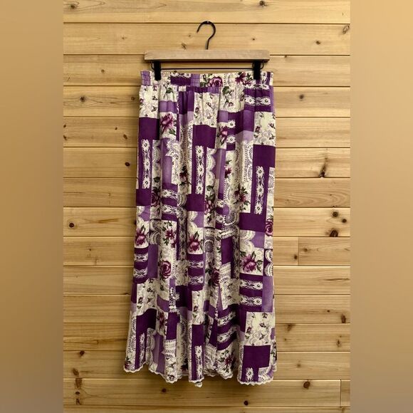 Vintage Lacy After Noon Size Medium Purple Floral Lace Patchwork Maxi Skirt - Picture 1 of 10